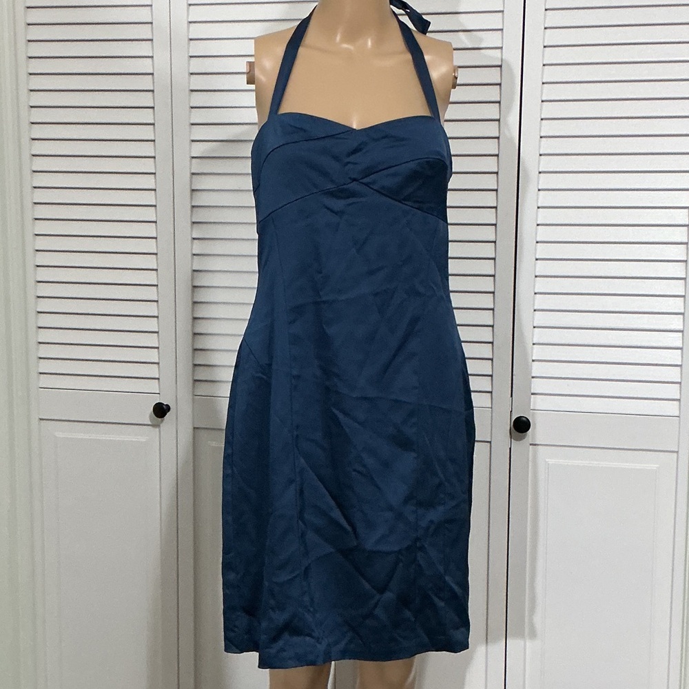 BCBGMaxAzria Navy One-Shoulder Halter Dress